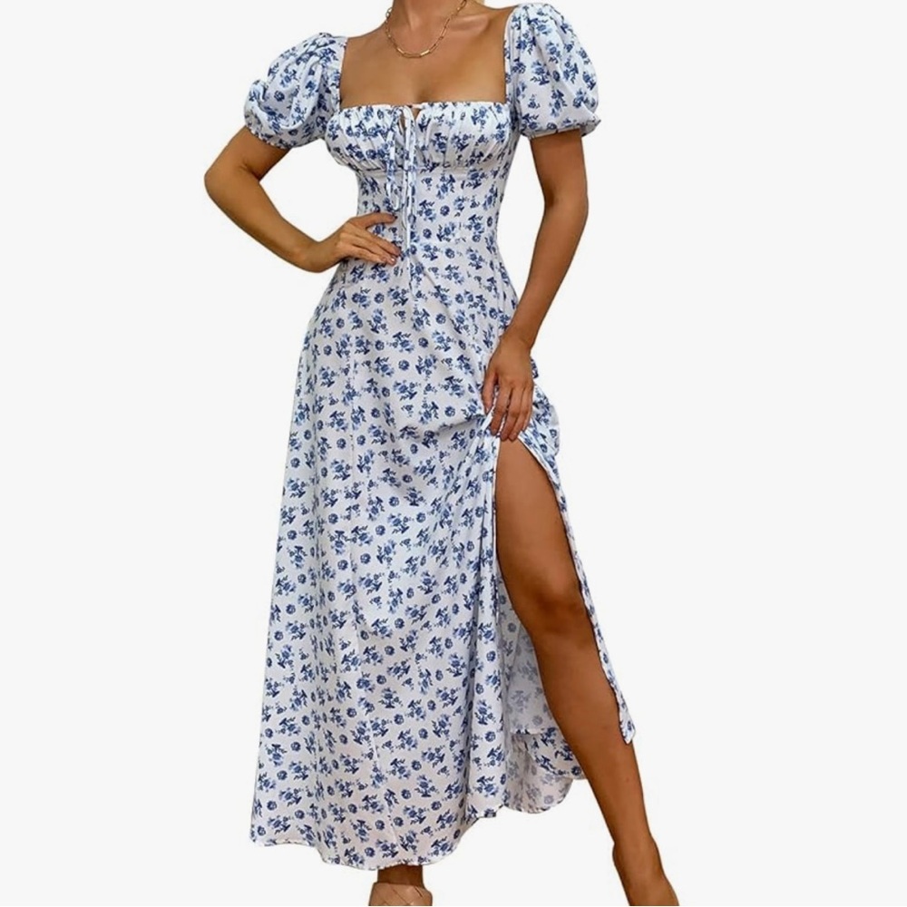 NWT/Women's Puff Sleeve/Floral Split Maxi/Flowy A Line Casual Dress/Size: XL - Picture 13 of 15
